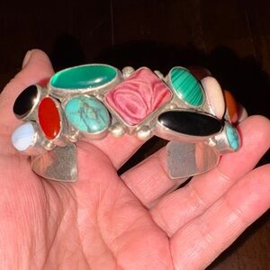 Navajo Vibrant Sterling Gemstone Cuff Bracelet Signed Larger Wrist
